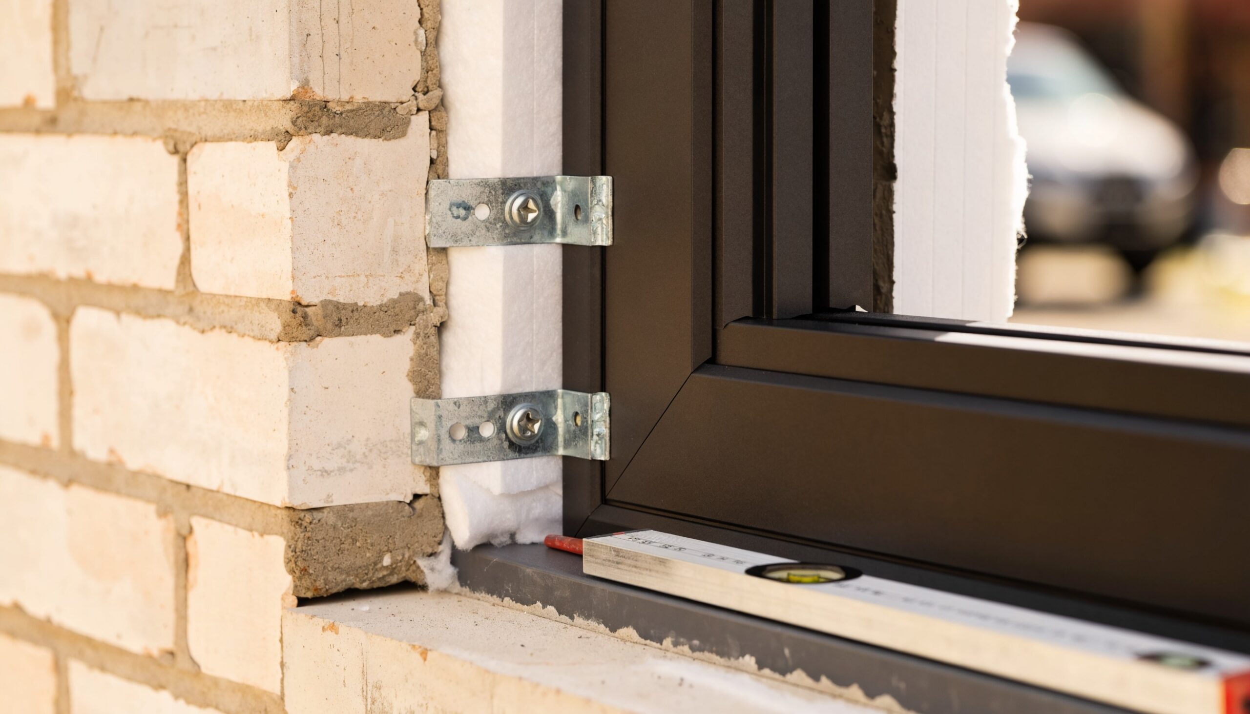 Aluminium-Fensterrahmen mit verzinkten Metall-Montagewinkeln im Mauerwerk befestigt
