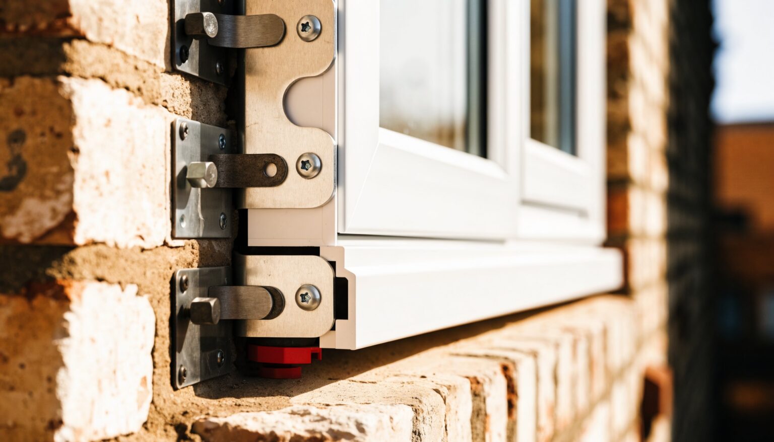 Fensterrahmen wird mit Metallankern im Bestandsmauerwerk befestigt