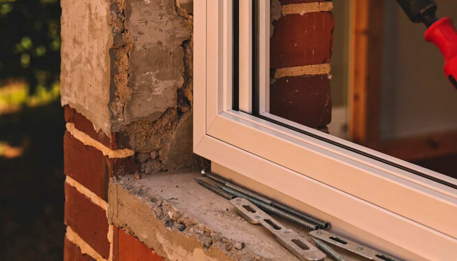 Fensterbauschrauben Anwendung: Kunststofffenster in der Maueröffnung, daneben Fensterbauschrauben und verzinkte Maueranker auf der Fensterbank