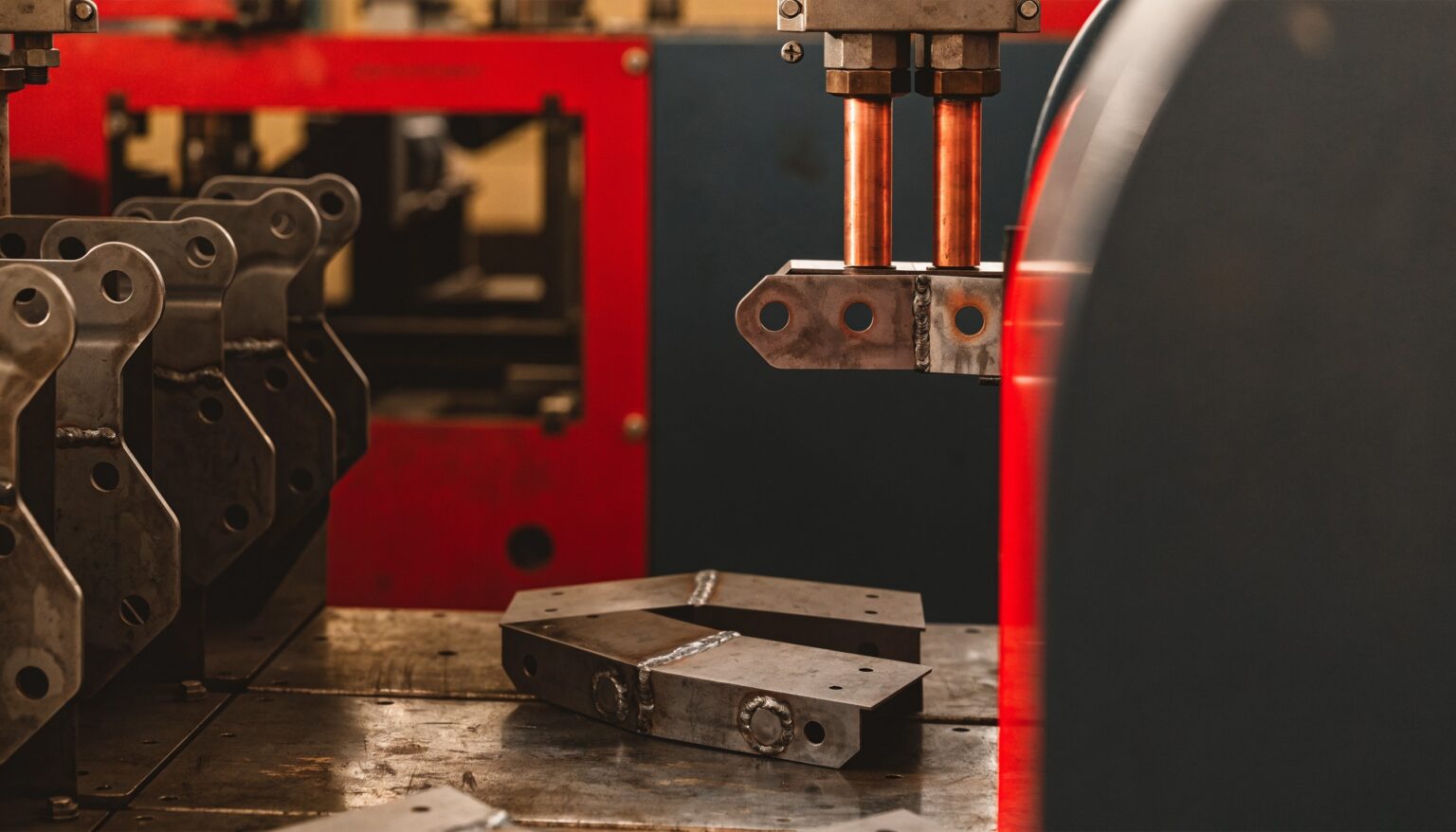 Fügetechnik Metall: Widerstandsschweißen eines Blechhalters mit Kupferelektroden in einer Fertigungslinie